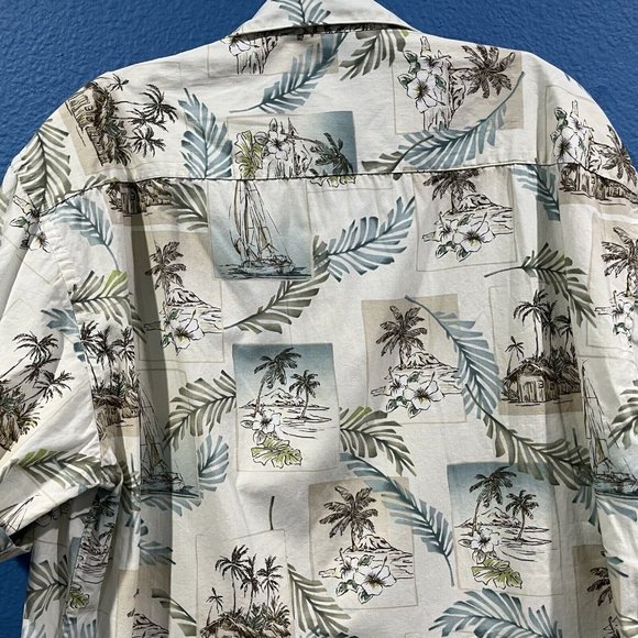 Vintage Pierre Cardin Retro Hawaiian Button Up Shirt Men Medium Island Hut Boat - Picture 7 of 15
